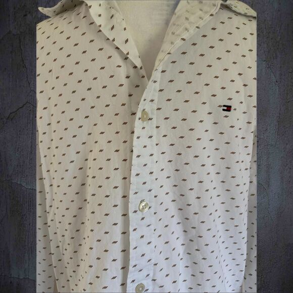 Men's TOMMY HILFIGER Shirt White Tan Print Button Up Long Sleeve Cotton Size S/P - Picture 2 of 7